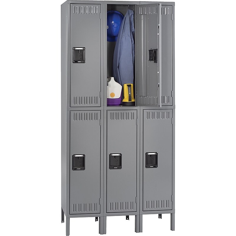 Tennsco Double Tier Locker with Legs, 3 Units, 6 Lockers, Medium Grey, 78"H x 36"W x 18"D image 1