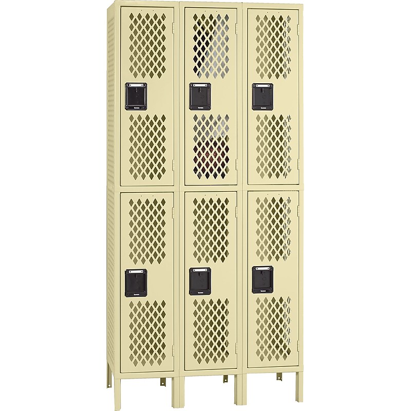 Tennsco Ventilated Double Tier Box Locker with Legs, 3 Unit, 6 Lockers, Sand, 78"H x 36"W x 18"D image 1