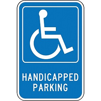 Accuform Signs 18" x 12" Aluminum Federal Sign "HANDICAPPED PARKING W/GRAPHIC", White On Blue