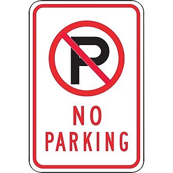 Accuform Signs 18" x 12" Reflective Aluminum Parking Sign "(SYMBOL) NO PARKING", Black/Red On White