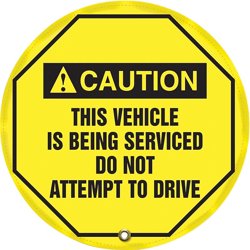 Accuform 20" Steering Wheel Message Cover "CAUTION THIS VEHICLE IS BEING..", Black On Yellow (KDD727) image 1