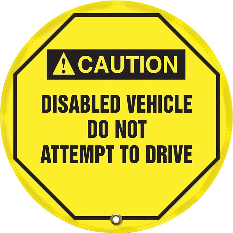 Accuform 20" Steering Wheel Message Cover "CAUTION DISABLED VEHICLE..", Black On Yellow (KDD728) image 1