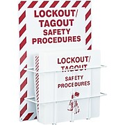 Accuform Signs® Lockout Procedure Station With PVC-Coated Steel Wire Rack, Red On White