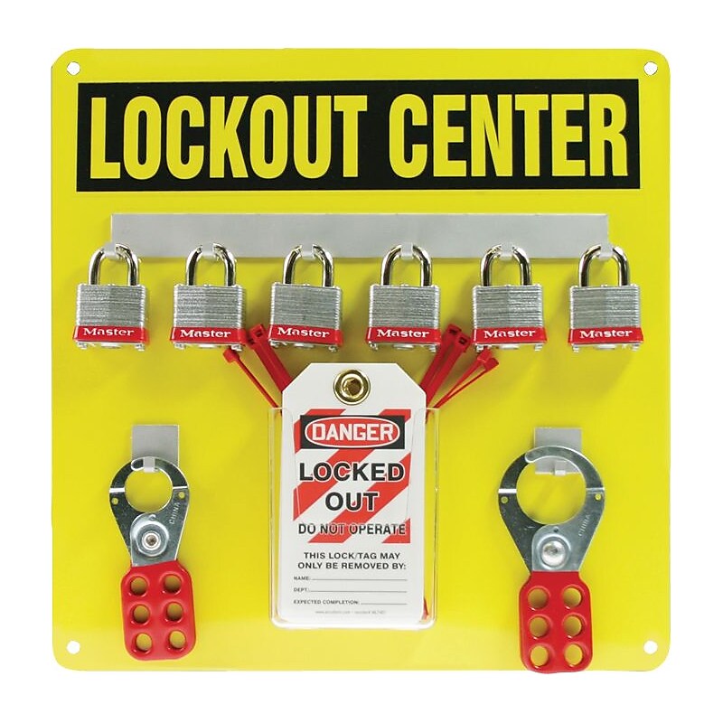 Accuform Lockout Center Board With Kit and 6 Padlock, Black On Yellow (KST404) image 1