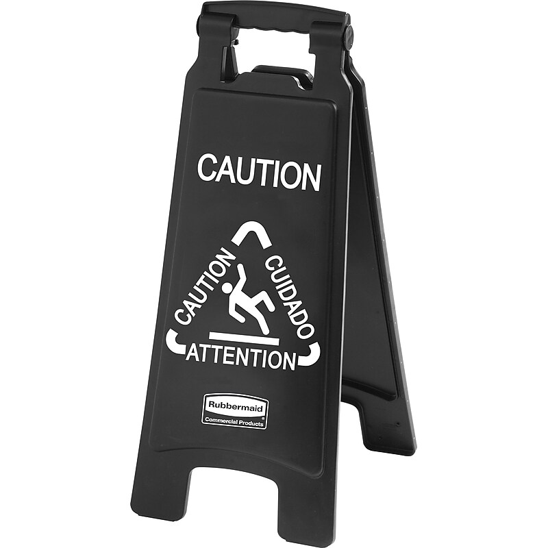 Rubbermaid® Commercial Executive 2-Sided Multi-Lingual Caution Sign, 10 9/10" x 26 1/10", Plastic, Black, Each (RCP 1867505) image 1