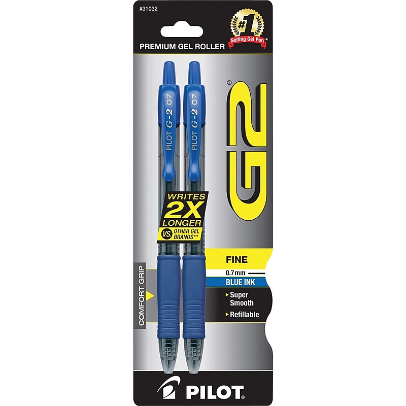 Pilot G2 Retractable Gel Pens, Fine Point, Blue Ink, 2/Pack (31032) image 1