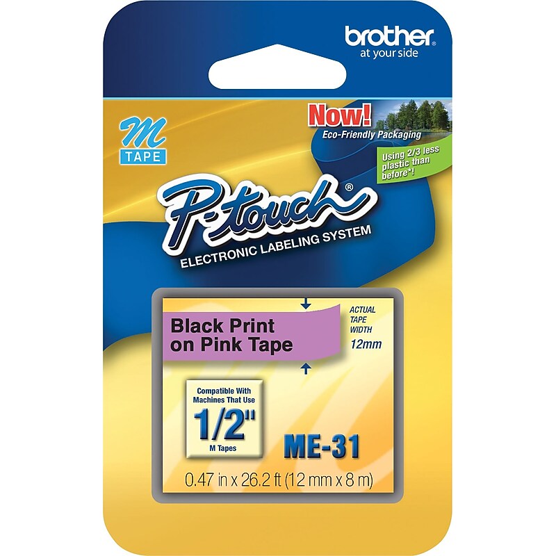 Brother Label Maker Tape, 1/2" x 26.2', Black/Coral (ME-31) image 1