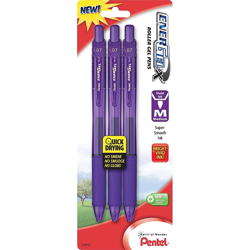 Pentel® EnerGel-X® Retractable Roller Gel Pen, Medium Point, Violet Ink, 3/Pk (BL107BP3V) image 1