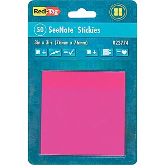 Redi-Tag® Sticky Notes, 3" x 3", Neon Pink, 50-Sheet Pads (23774)