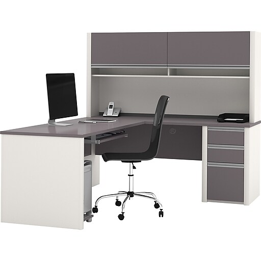 Bestar Connexion LWorkstation w/ Hutch, Slate/Sandstone Staples