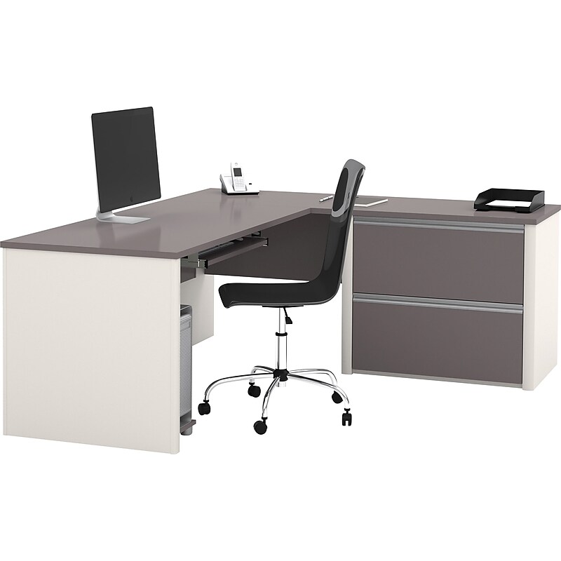 Bestar Connexion Collection 71"W L-Shaped Desk with Oversize Pedestal, Sandstone and Slate (93862-59) image 1