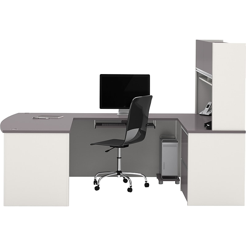 Bestar Connexion Collection 71" U-Shaped Desk with Oversize Pedestal and Hutch, Sandstone/Slate (93863-59) image 1