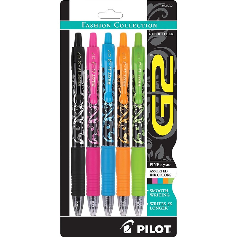 Pilot G2 Fashion Collection Retractable Gel Pens, Fine Point, Assorted Ink, 5/Pack (31382) image 1