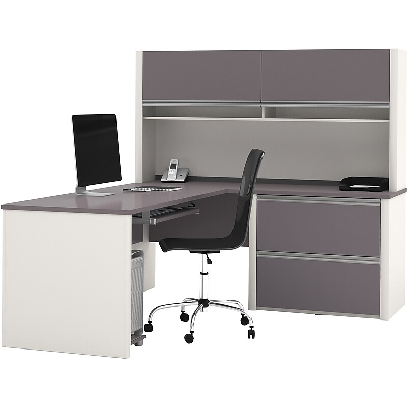 Bestar Connexion Collection 71"W L-Shaped Desk with Oversize Pedestal and Hutch, Sandstone and Slate (93867-59) image 1