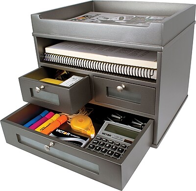 Victor 1130 Druckerständer Aus Holz – Silber, Mit Schubladen, Ablagen, Kabelmanagement