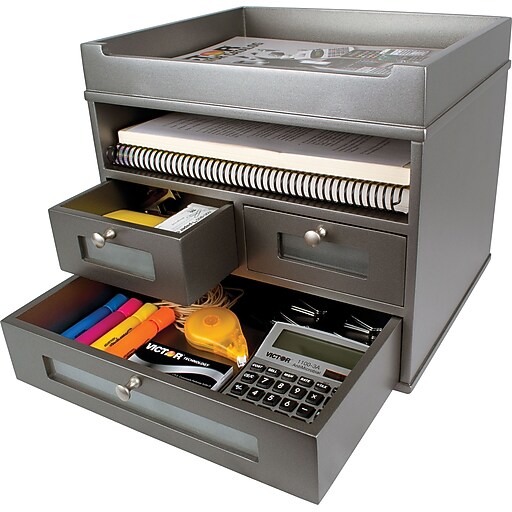 Victor Technology Wood Tidy Tower Organizer, Classic Silver Staples