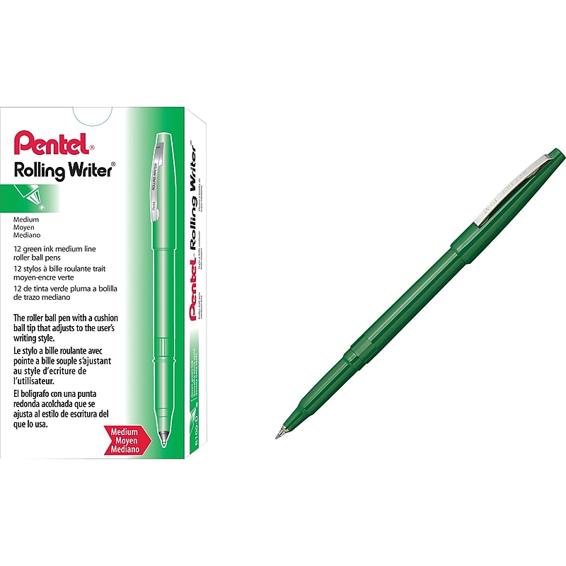 Pentel Rolling Writer Rollerball Pen, Medium Point, Green Ink, Dozen (R100D) image 1