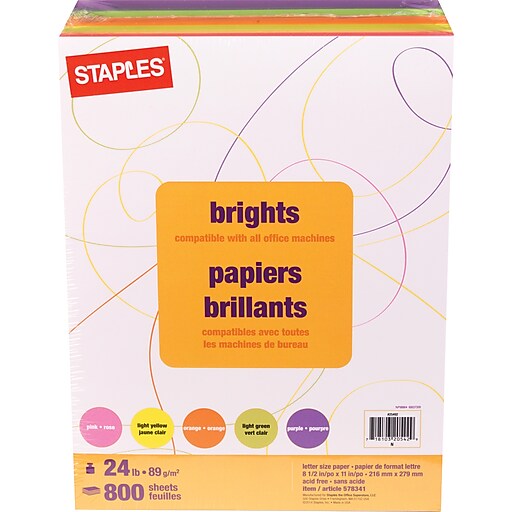 Staples® Brights, 24lb. Colored Paper, Assorted, 800/Pack Staples