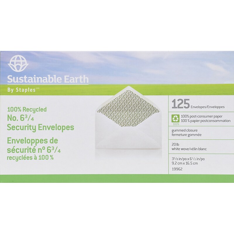 Staples Security Tinted #6 3/4 Business Envelope, 3 5/8" x 6 1/2", White, 125/Box (19962) image 1