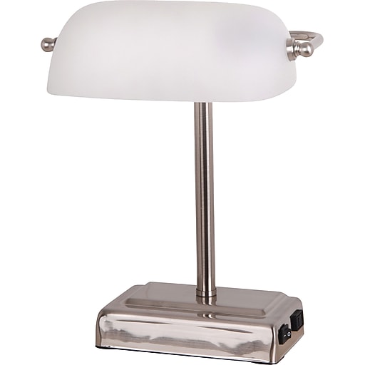 Tensor 13 Watt Cfl Banker S Lamp With White Glass Shade And 2 Prong Outlet On Base Brushed Steel 13 4 5 H At Staples