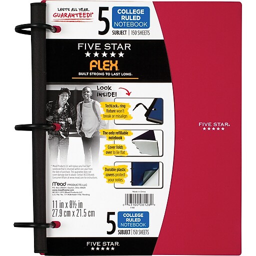 Five Star Flex® Refillable Notebook, 5 Subject, College Ruled, 11" x 8