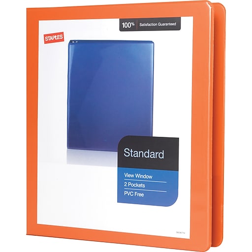 1" Staples® Standard View Binder with DRings, Bright Orange Staples