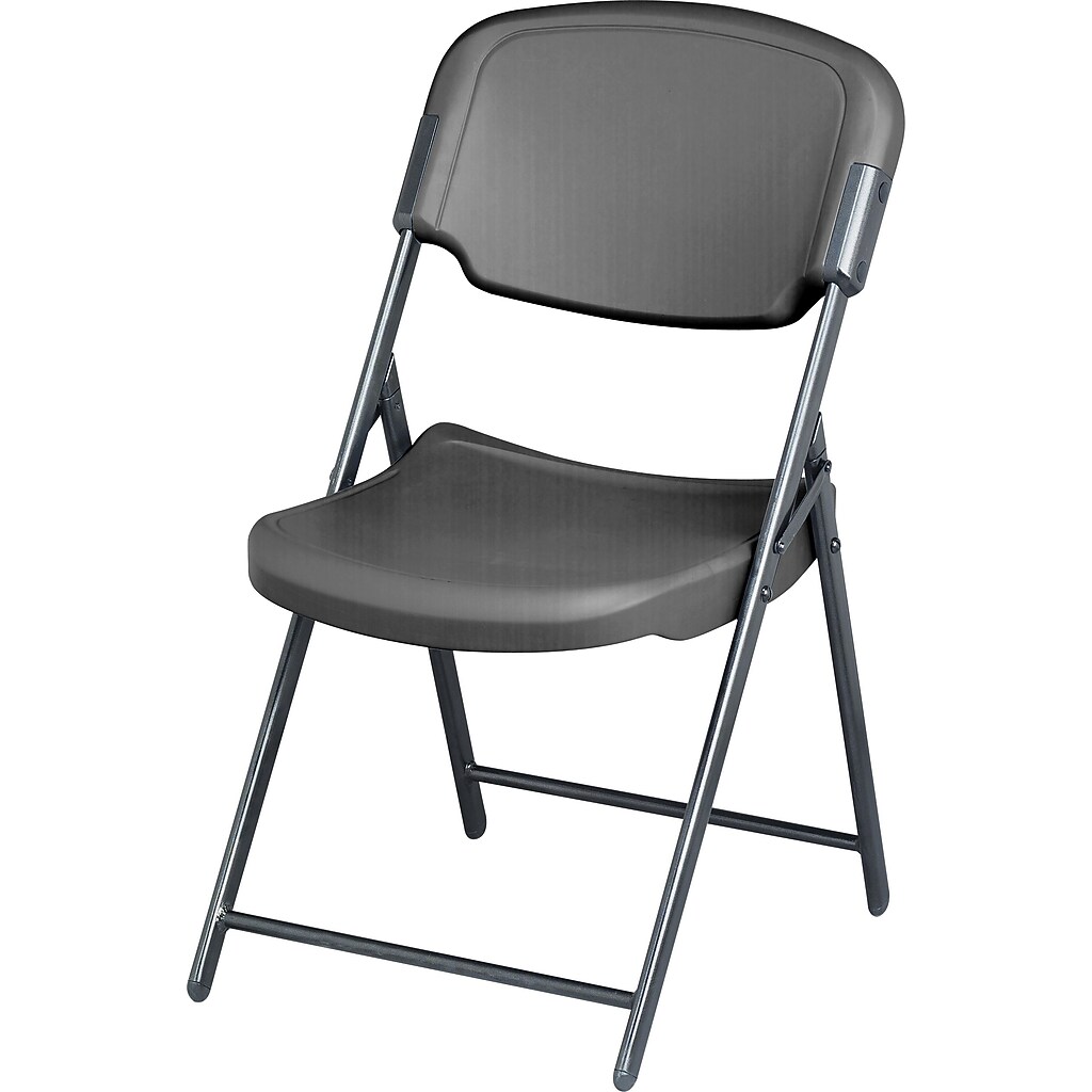Gray folding chair with metal frame and plastic seat/backrest angled view