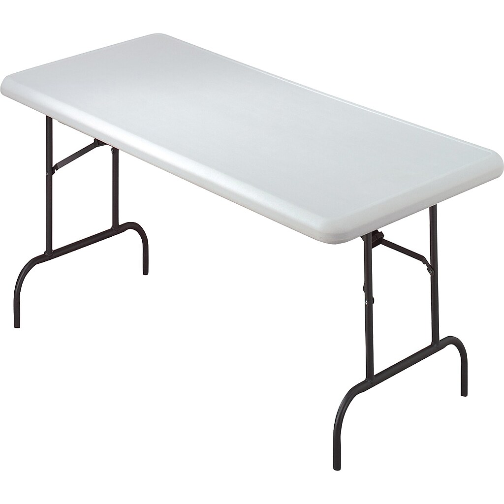Gently angled white rectangular folding table with metal legs