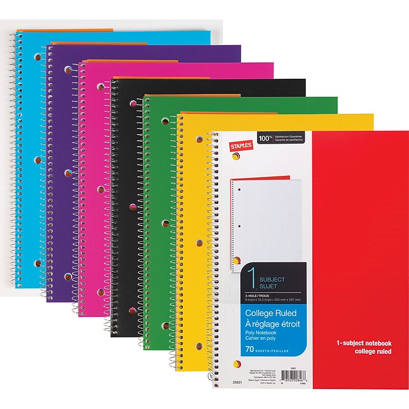Staples® 1-Subject Notebooks, 8" x 10.5", College Ruled, 70 Sheets, Assorted, 48/Carton (27620CT) image 1