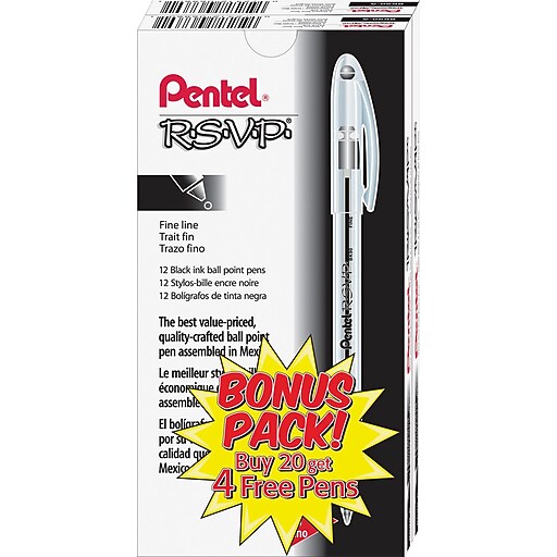 Pentel R.S.V.P. Ballpoint Stick Pens, Fine Point, Black Ink with Clear Barrel, 24/Pack (BK90ASW2