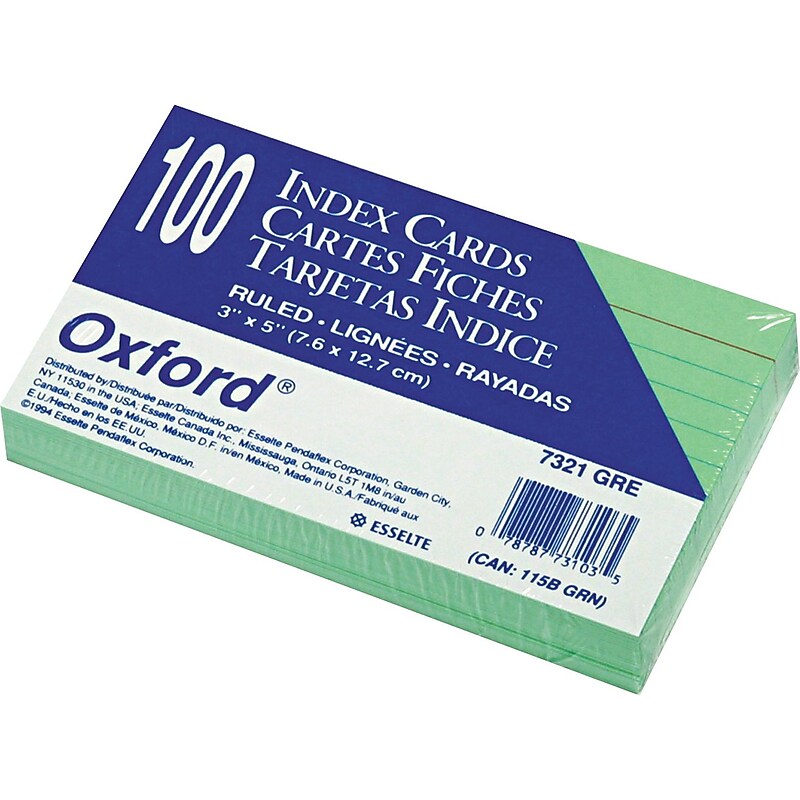Oxford 3" x 5" Index Cards, Lined, Green, 100/Pack (7321GRE) image 1