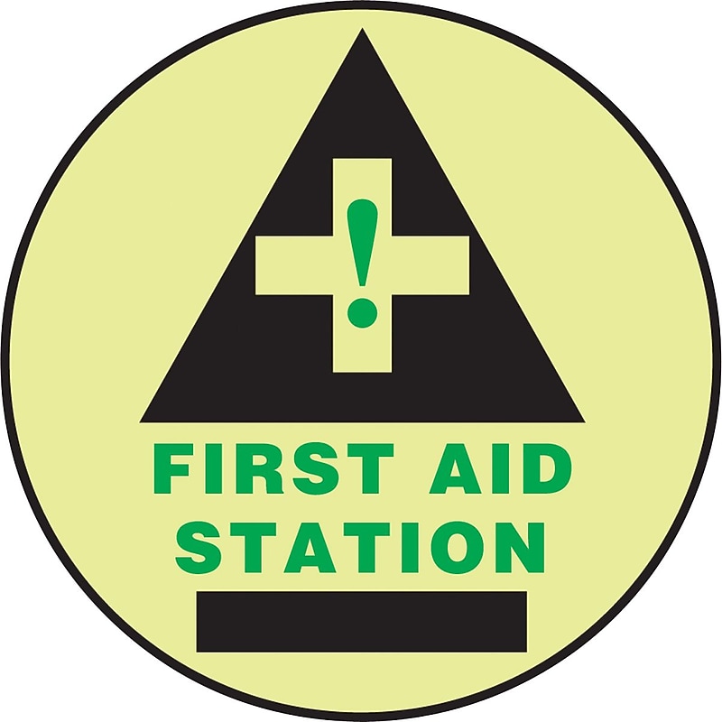 Accuform Slip-Gard FIRST AID STATION Round Floor Sign, Black/Green/Yellow, 17"Dia. (MFS782) image 1