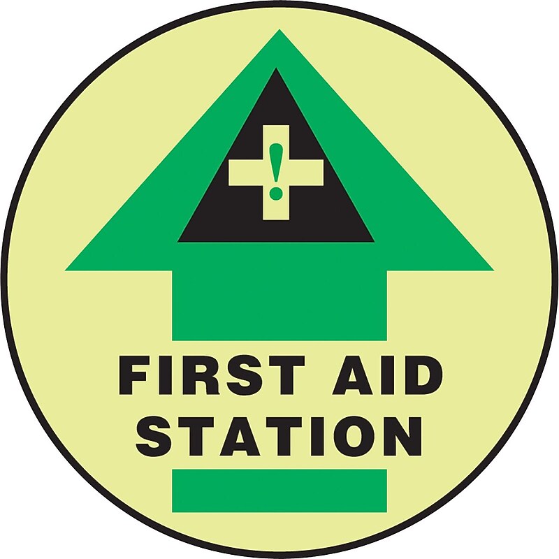 Accuform Slip-Gard FIRST AID STATION Round Floor Sign, Black/Green/Yellow, 17"Dia. (MFS780) image 1