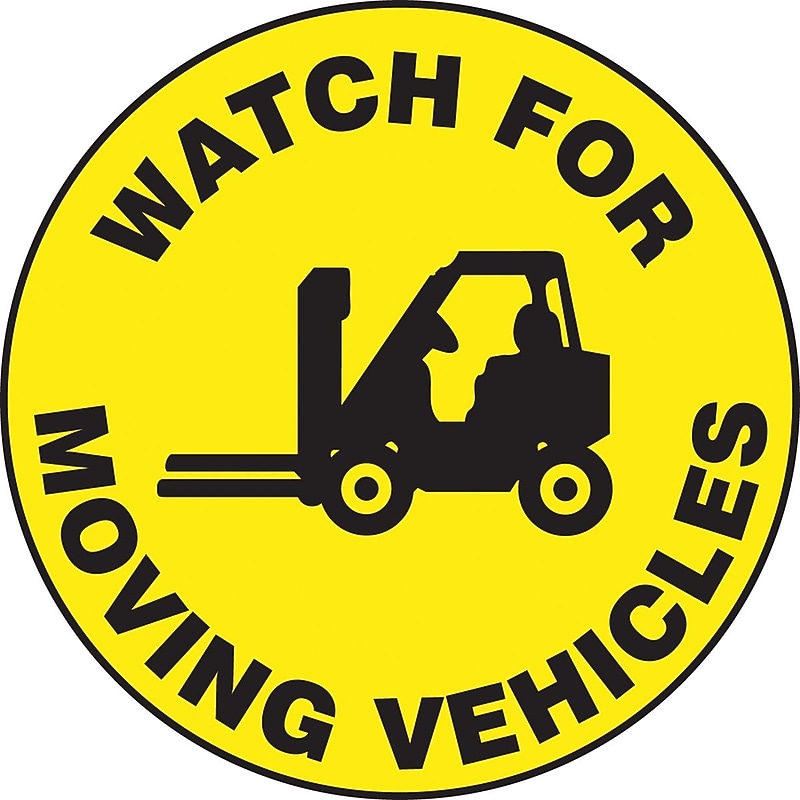 Accuform Slip-Gard WATCH FOR MOVING VEHICLES Round Floor Sign, Black/Yellow, 8"Dia. (MFS884) image 1