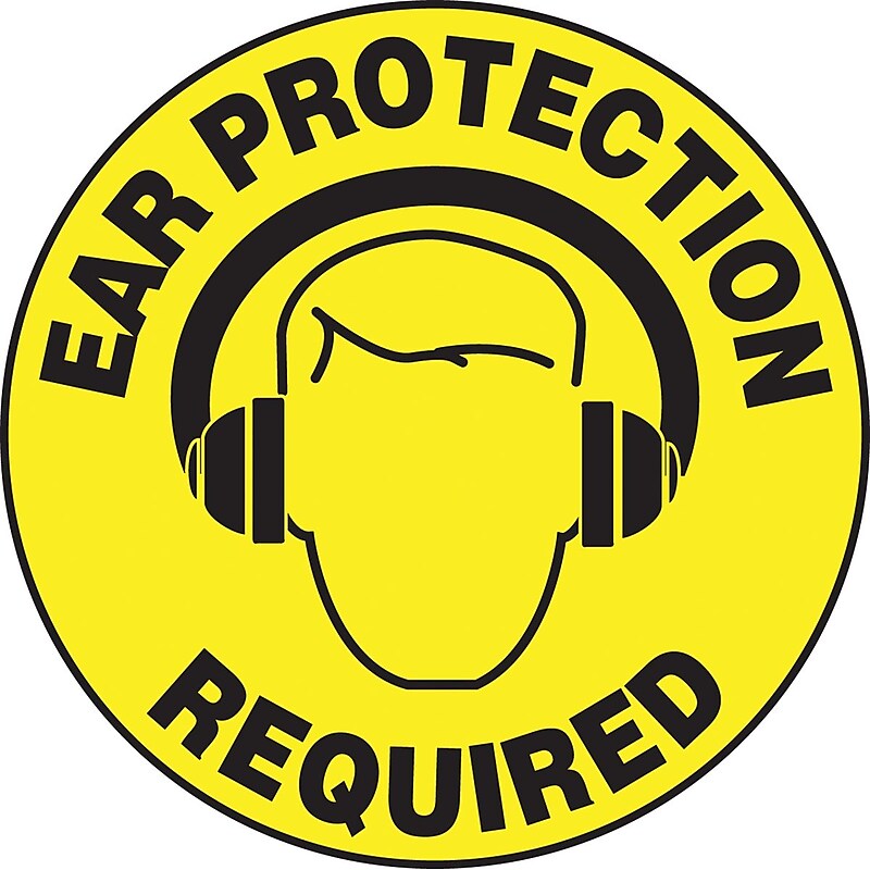 Accuform Slip-Gard EAR PROTECTION REQUIRED Round Floor Sign, Black/Yellow, 17"Dia. (MFS202) image 1
