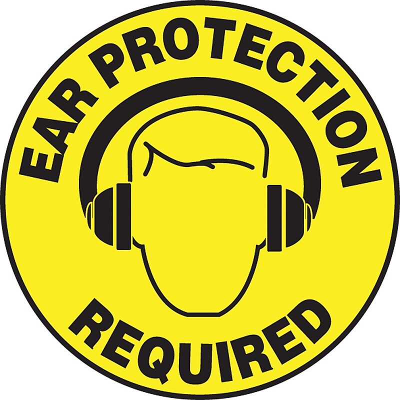 Accuform Slip-Gard EAR PROTECTION REQUIRED Round Floor Sign, Black/Yellow, 8"Dia. (MFS313) image 1