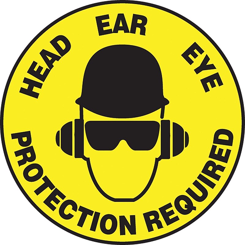 Accuform Slip-Gard HEAD EAR EYE PROTECTION REQUIRED Round Floor Sign, Black/Yellow, 8"Dia. (MFS323) image 1