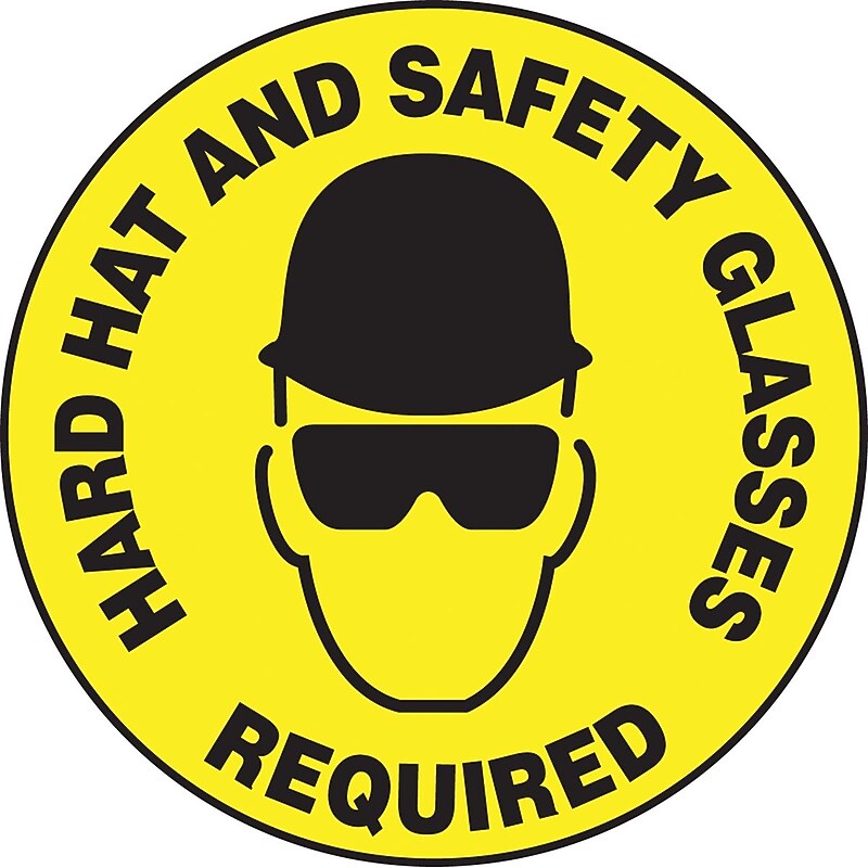 Accuform Slip-Gard HARD HAT AND SAFETY GLASSES REQUIRED Round Floor Sign, Black/Yellow, 8"Dia. (MFS210) image 1