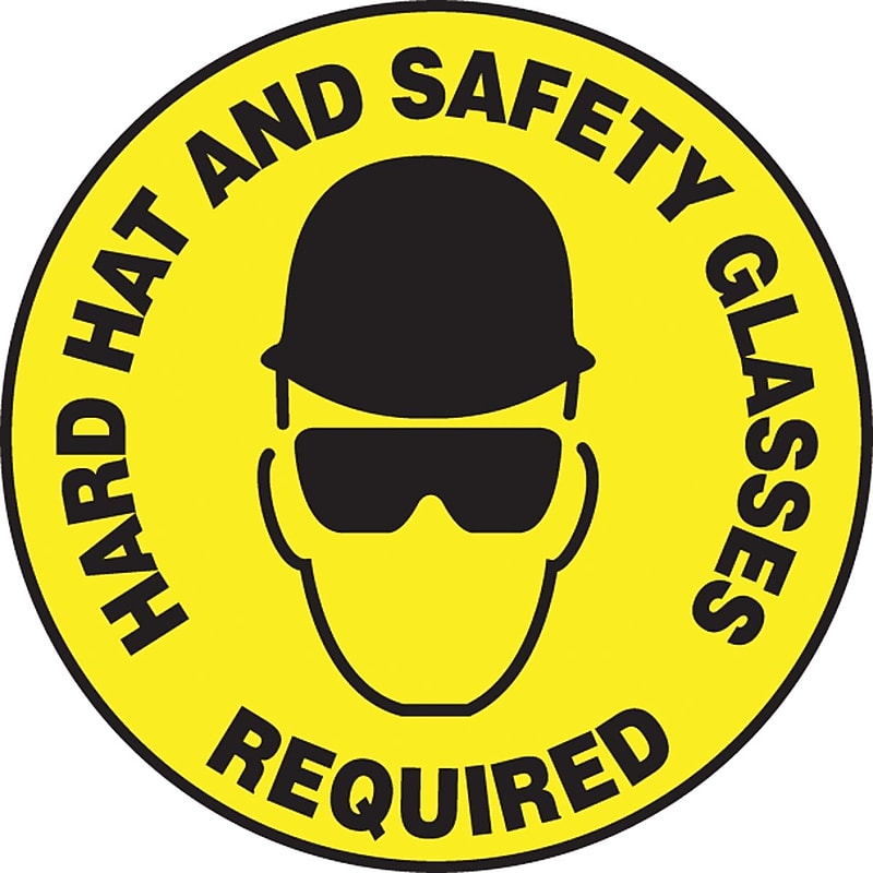 Accuform Slip-Gard HARD HAT AND SAFETY GLASSES REQUIRED Round Floor Sign, Black/Yellow, 8"Dia. (MFS321) image 1