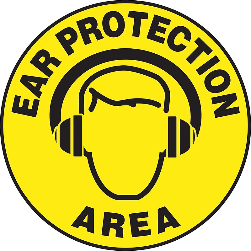 Accuform Slip-Gard EAR PROTECTION AREA Round Floor Sign, Black/Yellow, 17"Dia. (MFS233) image 1