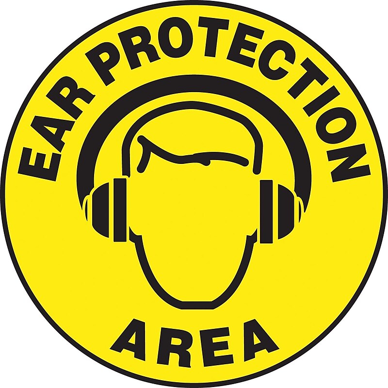 Accuform Slip-Gard EAR PROTECTION AREA Round Floor Sign, Black/Yellow, 8"Dia. (MFS834) image 1