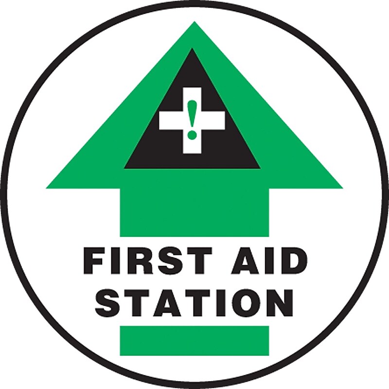 Accuform Slip-Gard FIRST AID STATION Round Floor Sign, Black/Green/White, 8"Dia. (MFS2108) image 1