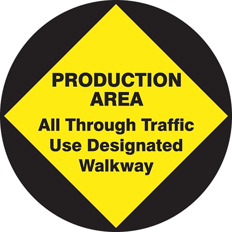 Accuform Slip-Gard PRODUCTION AREA ALL THROUGH TRAFFIC..Round Floor Sign, BLK/Yellow, 8"Dia. (MFS821) image 1
