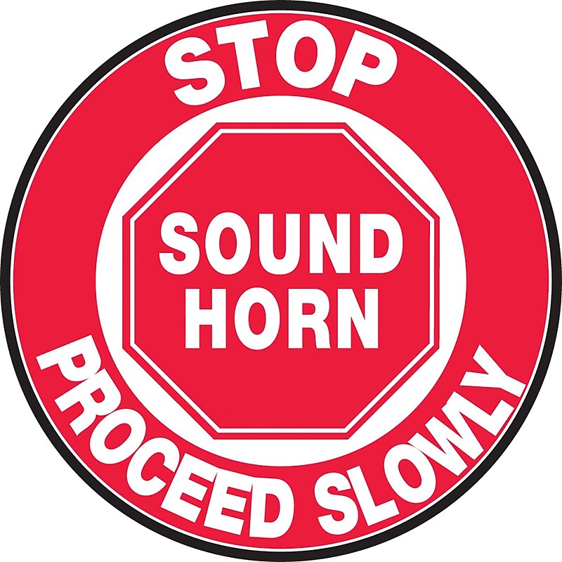 Accuform Slip-Gard STOP SOUND HORN PROCEED SLOWLY Round Floor Sign, White/Red, 17"Dia. (MFS705) image 1