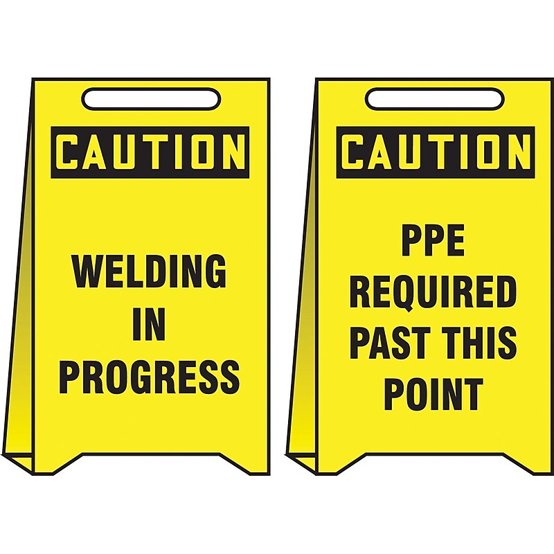 Accuform Slip-Gard CAUTION WELDING IN PROGRESS..Reversible Fold-Ups, Red/BLK/Yellow, 20"x12" (PFE428) image 1