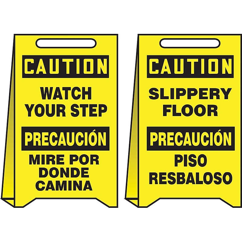 Accuform Slip-Gard CAUTION WATCH YOUR STEP... Reversible Fold-Ups, Black/Yellow, 20"H x 12"W (PFE456) image 1