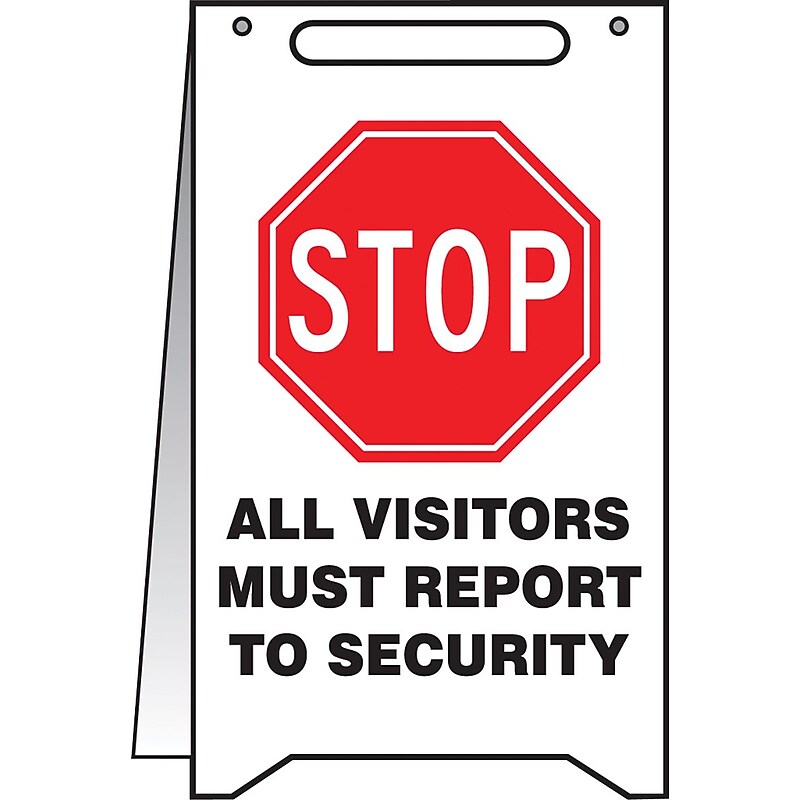 Accuform Slip-Gard STOP ALL VISITORS MUST REPORT TO SECURITY Fold-Ups, BLK/Red/WHT, 20"x12" (PFR641) image 1