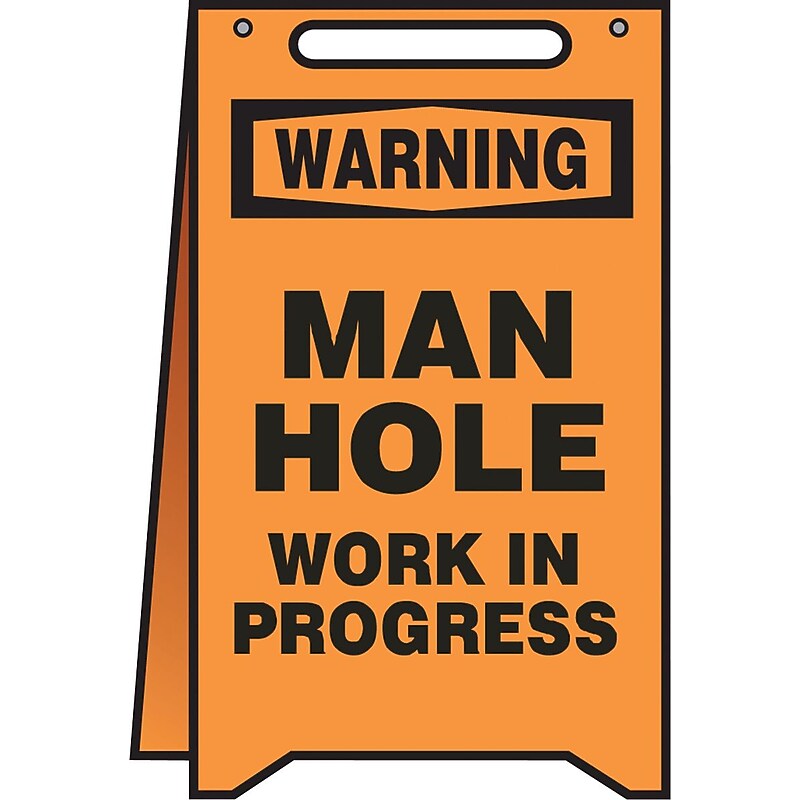 Accuform Slip-Gard WARNING MAN HOLE WORK IN PROGRESS Fold-Ups, Black/Orange, 20"H x 12"W (PFR610) image 1