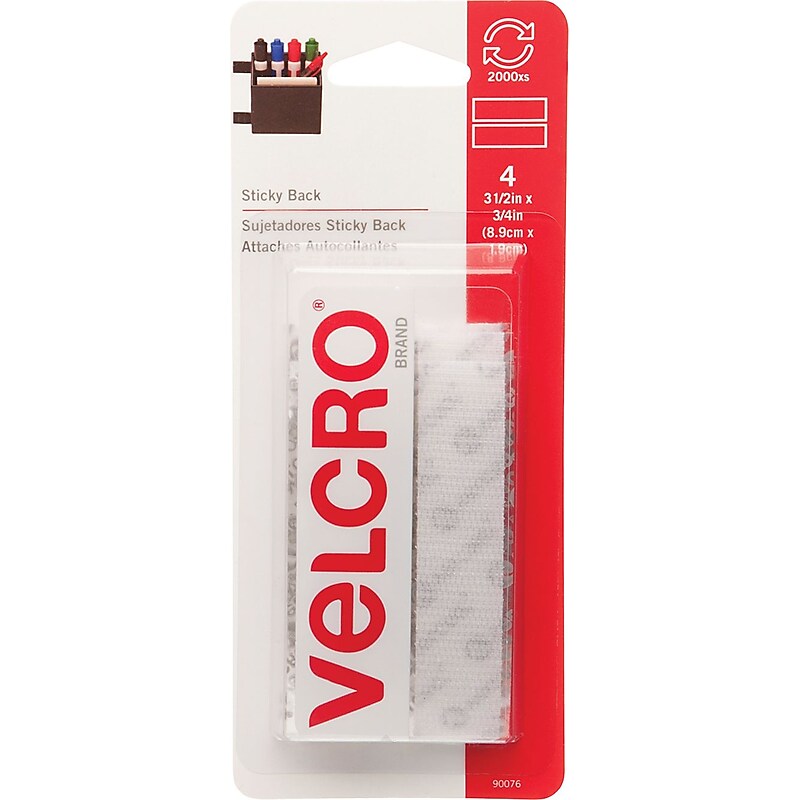 Velcro Strips 3 1/2" x 3/4" Hook & Loop Fastener with Adhesive, White, 4/Pack (VEC90076) image 1