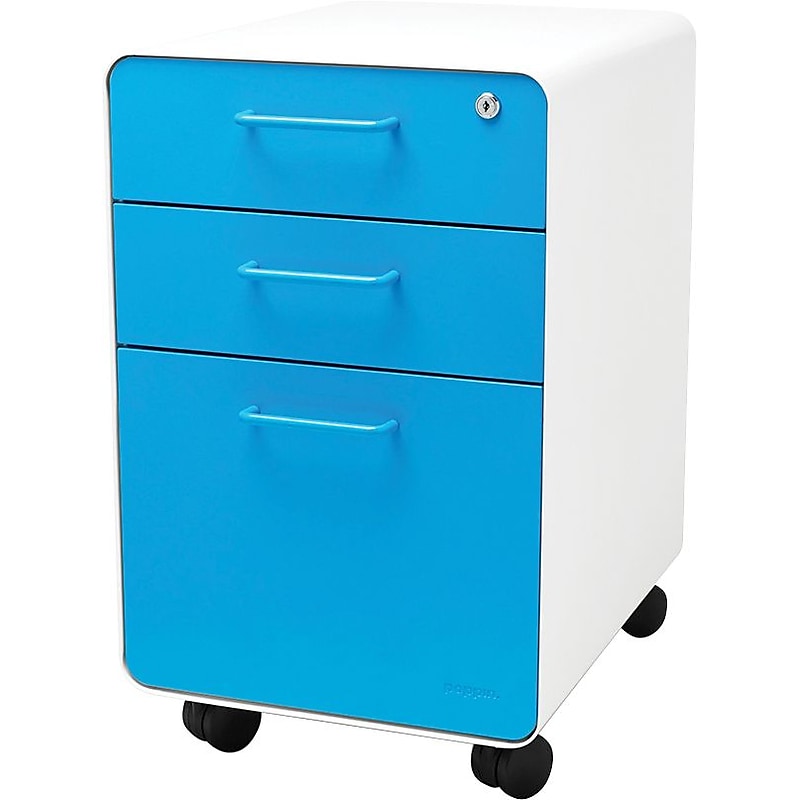 Stow 3-Drawer File Cabinet wCasters, White + Pool Blue image 1